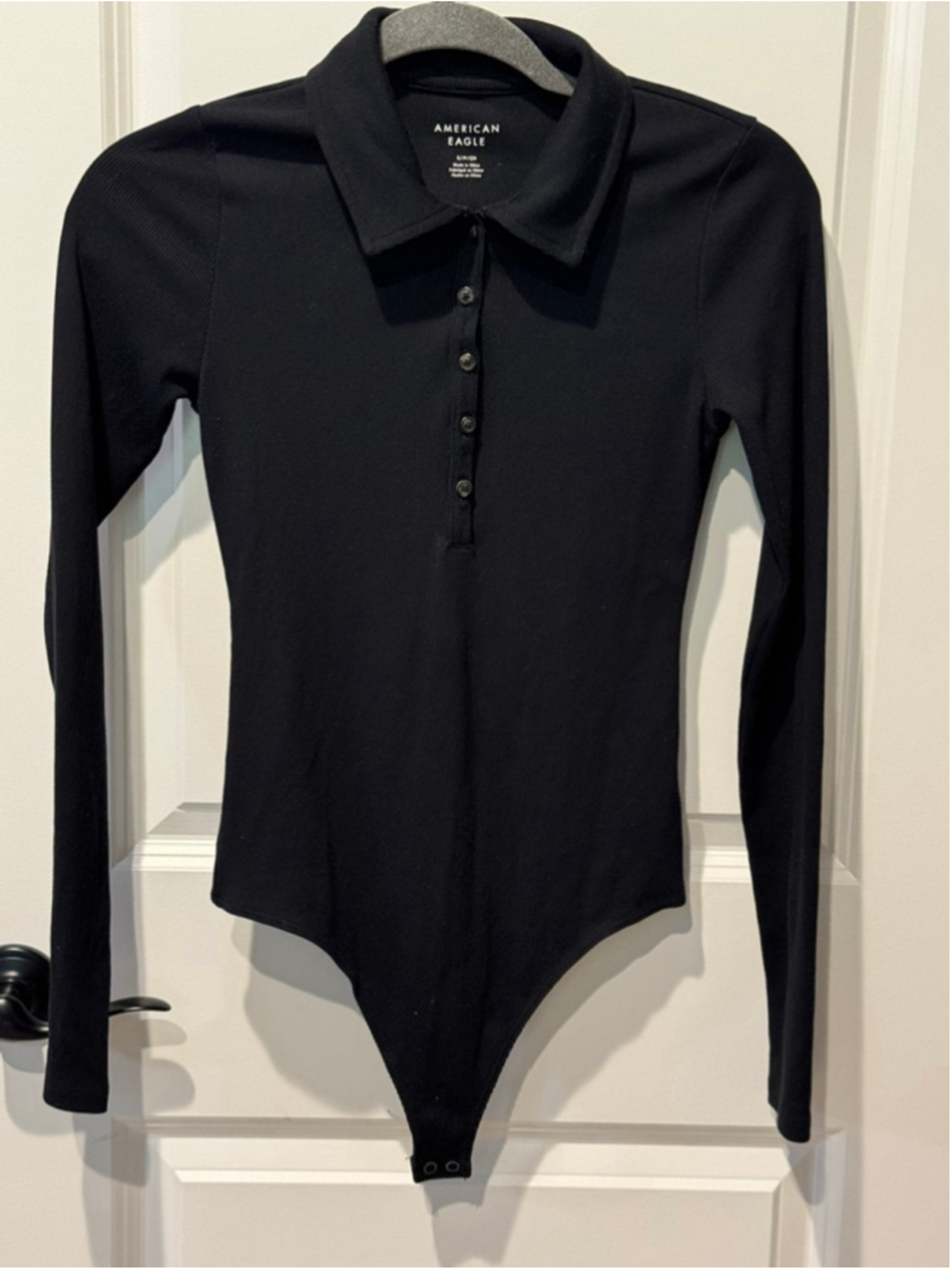 Women's American Eagle Black Ribbed Long Sleeve Polo Collared Thong Bodysuit S